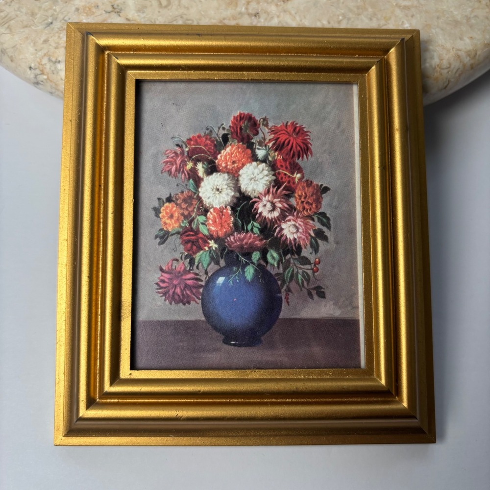 Floral Still Life Print 4x5 Gold Ornate Frame Made in Italy Vintage